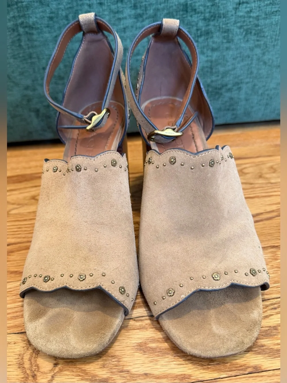 COACH Marnie Suede Block Heel Sandals Women’s 9.5 Tan Ankle Strap Heels w Box